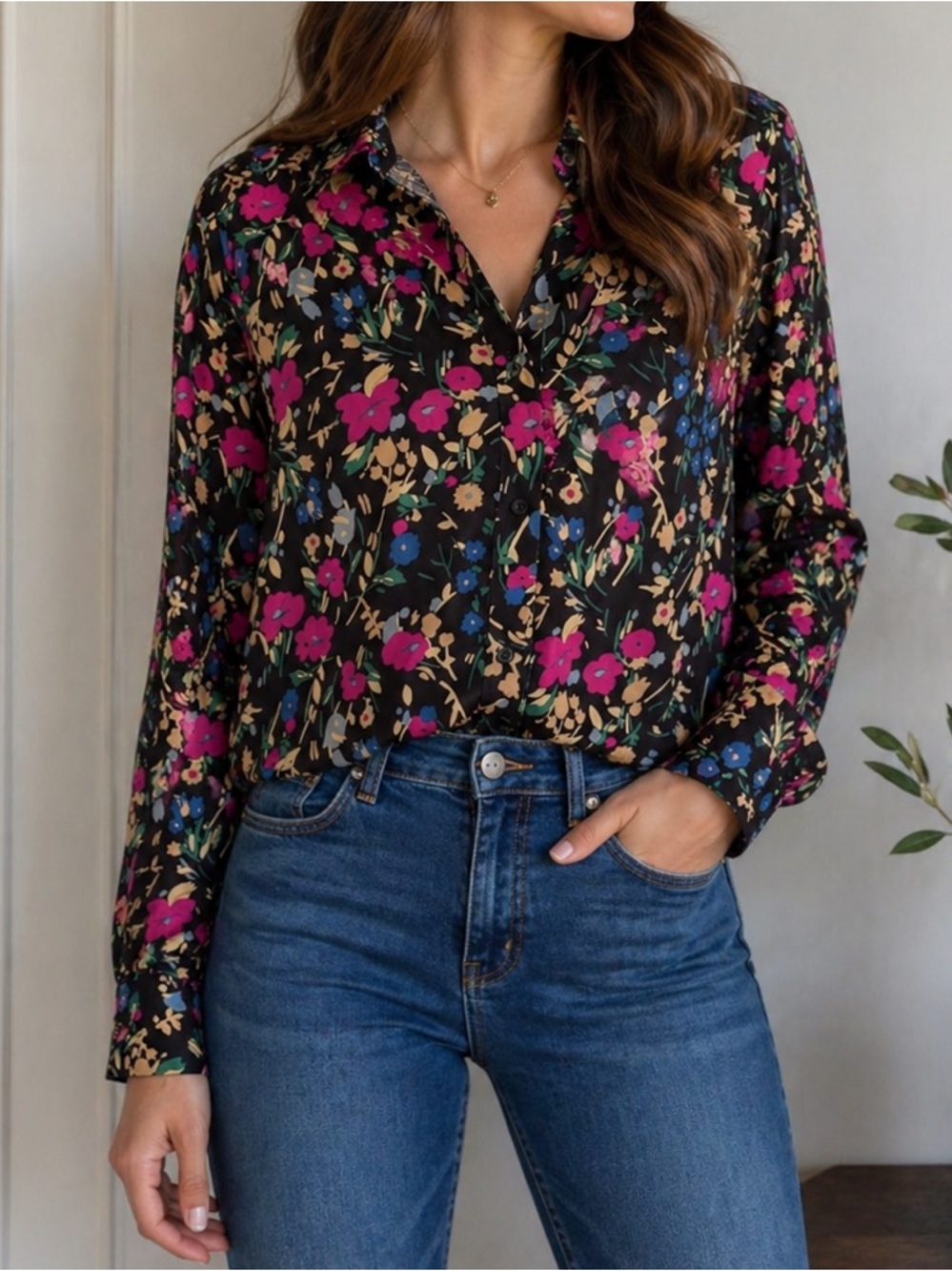 Lauren Ralph Lauren Floral Blouse – Large – Black Multicolor Button Front Shirt